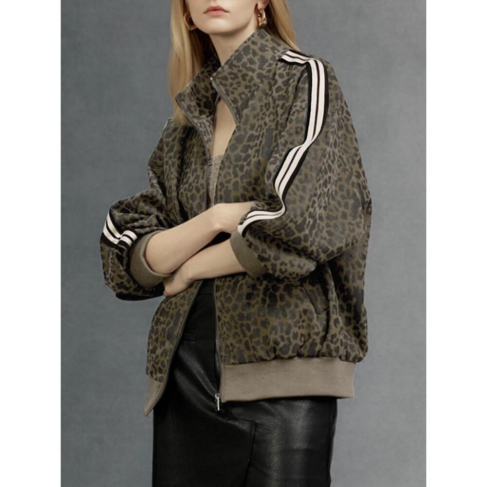 Women's Leopard Print Striped Jacket Zip Up Lightweight Coat Long Sleeve L Brown - Picture 2 of 5